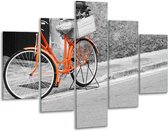 Glasschilderij -  Fiets - Oranje, Zwart, Wit - 100x70cm 5Luik - Geen Acrylglas Schilderij - GroepArt 6000+ Glasschilderijen Collectie - Wanddecoratie- Foto Op Glas