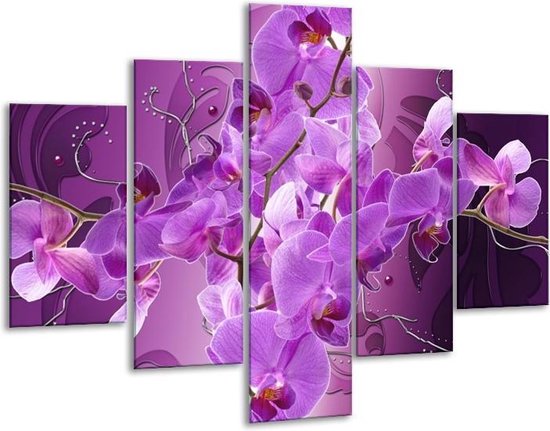 Glasschilderij -  Orchidee - Paars - 100x70cm 5Luik - Geen Acrylglas Schilderij - GroepArt 6000+ Glasschilderijen Collectie - Wanddecoratie- Foto Op Glas