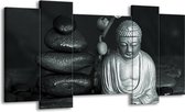 GroepArt - Schilderij - Boeddha, Stenen - Grijs, Groen, Zwart - 120x65cm 5Luik - Foto Op Canvas - GroepArt 6000+ Schilderijen 0p Canvas Art Collectie - Wanddecoratie