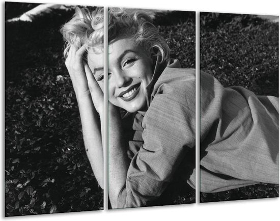 Glasschilderij Marilyn Monroe - Zwart, Grijs - 120x80cm 3Luik - Foto Op Glas - Geen Acrylglas Schilderij - GroepArt 6000+ Glas Art Collectie - Maatwerk Mogelijk