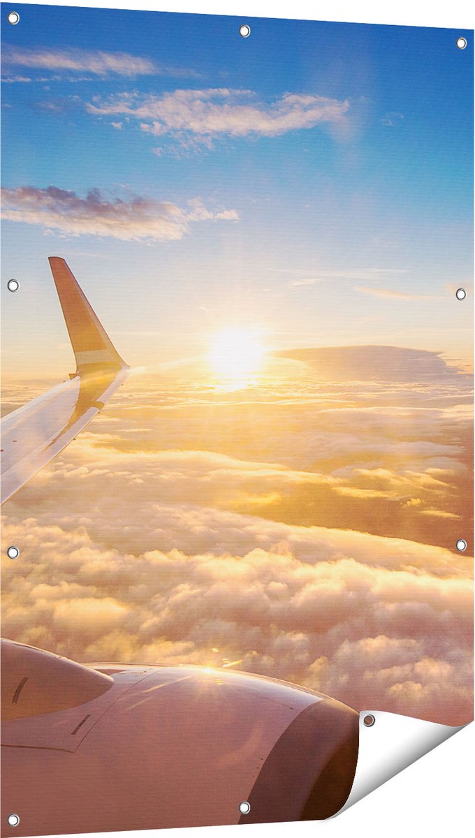 Gards Tuinposter Vliegtuig in de Lucht met de Zon - 80x120 cm - Tuindoek - Tuindecoratie - Wanddecoratie buiten - Tuinschilderij Multikleur