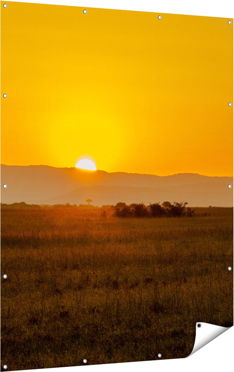 Gards Tuinposter Zonsopgang in de Savanne met een Boom - 120x160 cm - Tuindoek - Tuindecoratie - Wanddecoratie buiten - Tuinschilderij Multikleur