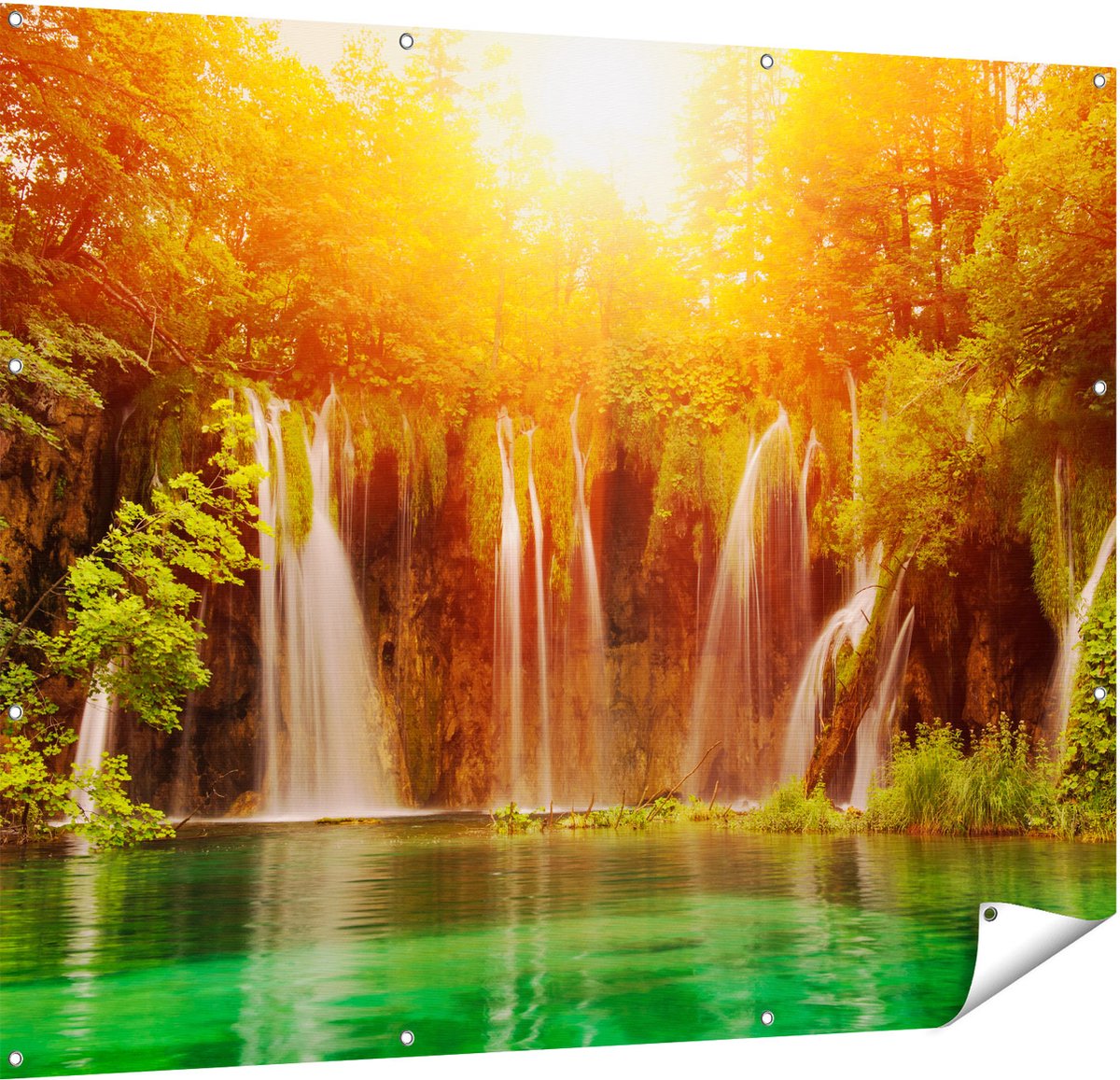 Gards Tuinposter Watervallen bij het Groene Meer met Zon - 150x120 cm - Tuindoek - Tuindecoratie - Wanddecoratie buiten - Tuinschilderij Multikleur