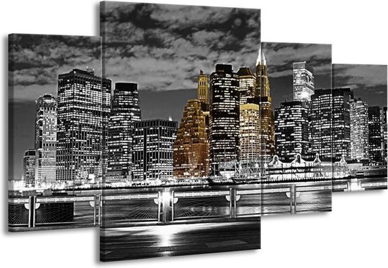 GroepArt - Schilderij -  New York - Zwart, Wit, Geel - 160x90cm 4Luik - Schilderij Op Canvas - Foto Op Canvas