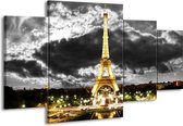 GroepArt - Schilderij -  Eiffeltoren - Grijs, Bruin, Zwart - 160x90cm 4Luik - Schilderij Op Canvas - Foto Op Canvas