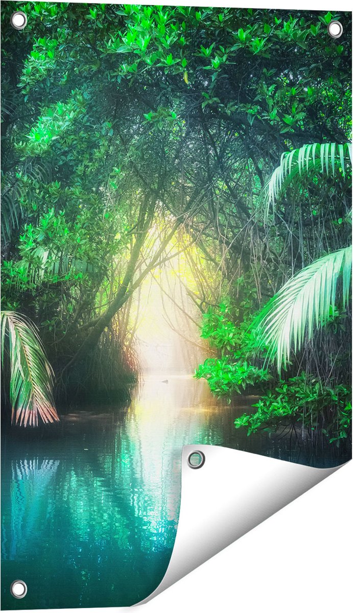 Gards Tuinposter Tropische Jungle met een Turquoise Meer - 40x60 cm - Tuindoek - Tuindecoratie - Wanddecoratie buiten - Tuinschilderij Multikleur