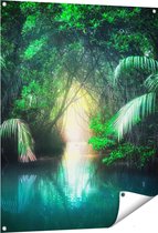 Gards Tuinposter Tropische Jungle met een Turquoise Meer - 80x100 cm - Tuindoek - Tuindecoratie - Wanddecoratie buiten - Tuinschilderij