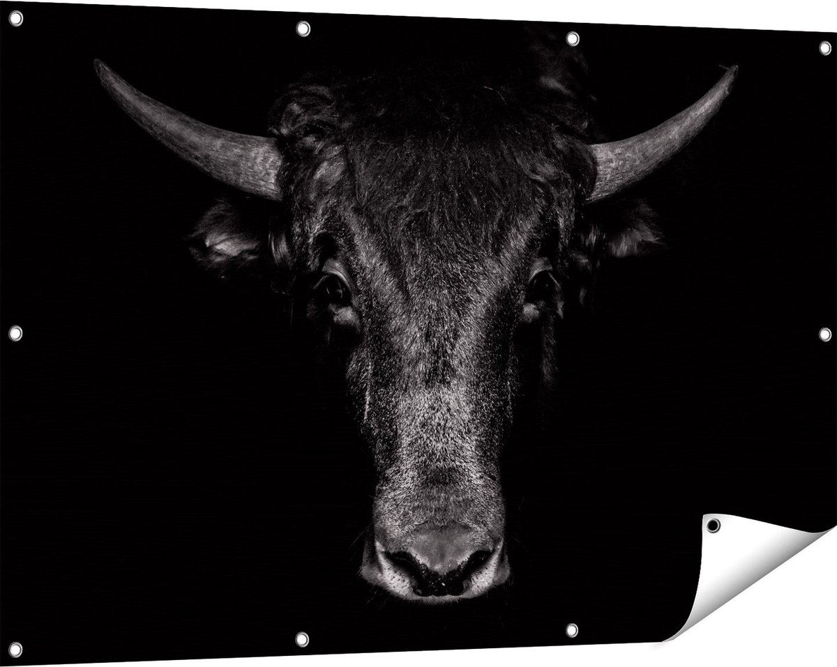 Gards Tuinposter Stierenkop - Stier - Zwart Wit - 120x80 cm - Tuindoek - Tuindecoratie - Wanddecoratie buiten - Tuinschilderij Multikleur