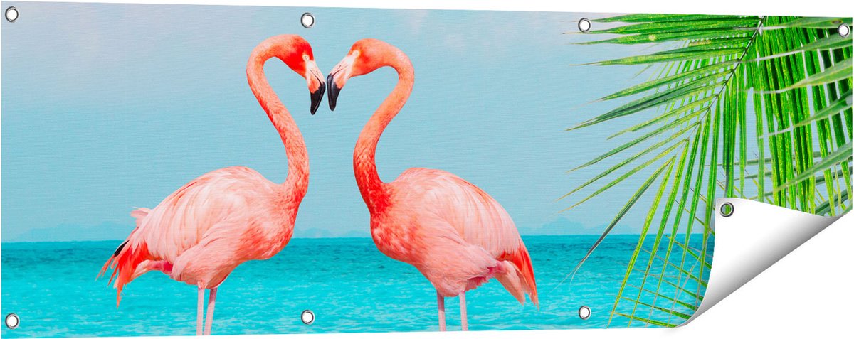 Gards Tuinposter Twee Flamingo's in een Hart Vorm in het Water - 120x40 cm - Tuindoek - Tuindecoratie - Wanddecoratie buiten - Tuinschilderij Multikleur