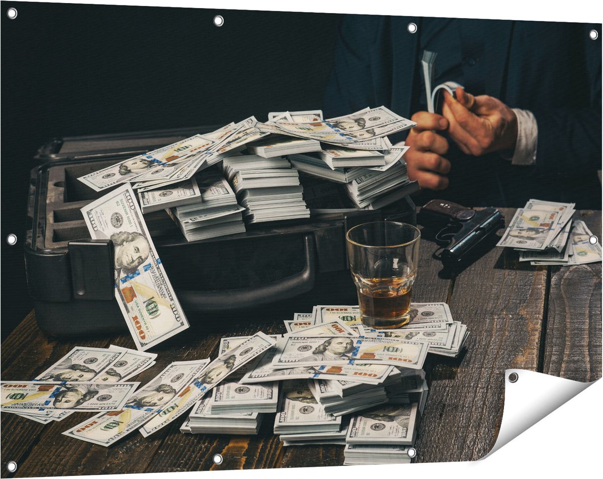 Gards Tuinposter Dollar Geld Briefjes op Tafel van de Maffia - 120x80 cm - Tuindoek - Tuindecoratie - Wanddecoratie buiten - Tuinschilderij Multikleur
