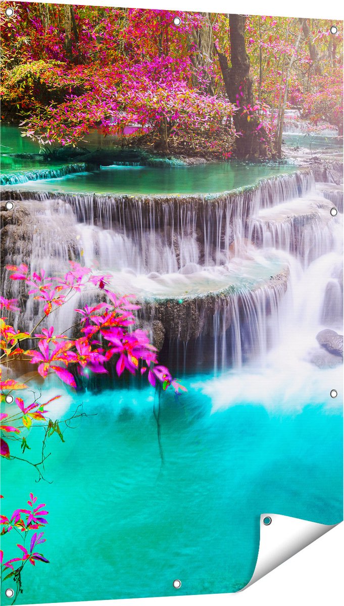 Gards Tuinposter Waterval in de Herfst met Kleurrijke Bloemen - 80x120 cm - Tuindoek - Tuindecoratie - Wanddecoratie buiten - Tuinschilderij Multikleur