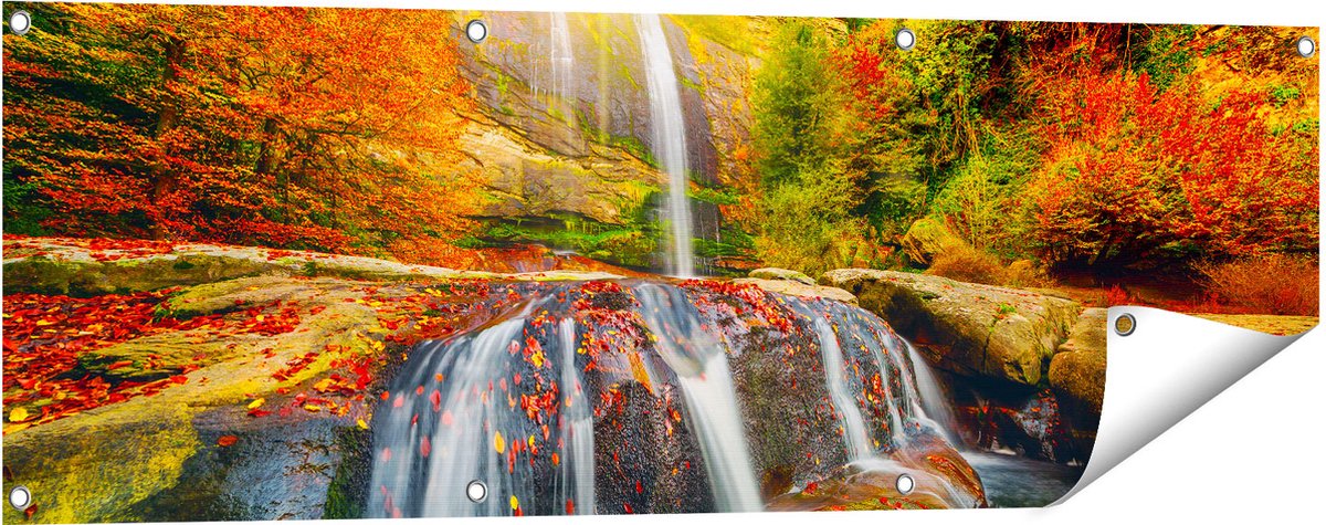 Gards Tuinposter Waterval in de Herfst Kleuren - 120x40 cm - Tuindoek - Tuindecoratie - Wanddecoratie buiten - Tuinschilderij Multikleur