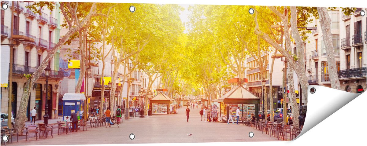 Gards Tuinposter De Ramblas Straat in Barcelona - 120x40 cm - Tuindoek - Tuindecoratie - Wanddecoratie buiten - Tuinschilderij Multikleur