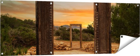 Foto: Gards tuinposter cale llentia deur opening in ibiza 150x50 cm tuindoek tuindecoratie wanddecoratie buiten tuinschilderij