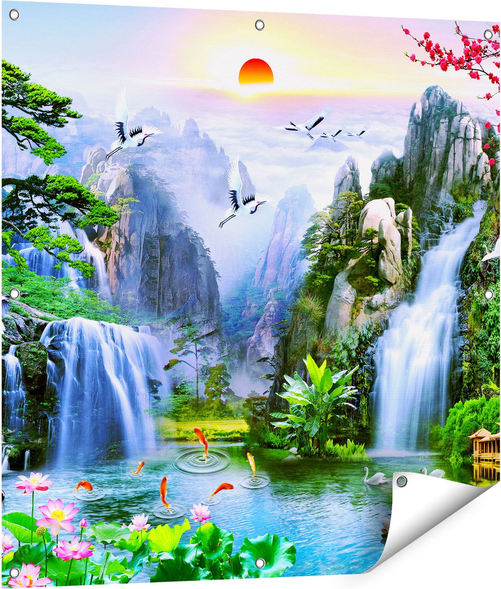 Gards Tuinposter Watervallen in de Bergen - Abstract - 90x90 cm - Tuindoek - Tuindecoratie - Wanddecoratie buiten - Tuinschilderij Multikleur