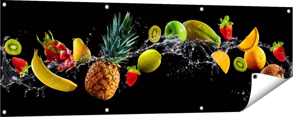 Gards Tuinposter Fruit met Water op Zwart Achtergrond - 150x50 cm - Tuindoek - Tuindecoratie - Wanddecoratie buiten - Tuinschilderij Multikleur