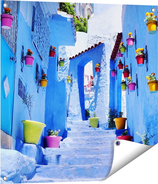 Gards Tuinposter Blauwe Huizen met Bloempotten in Chefchaouen, Marokko - 70x70 cm - Tuindoek - Tuindecoratie - Wanddecoratie buiten - Tuinschilderij