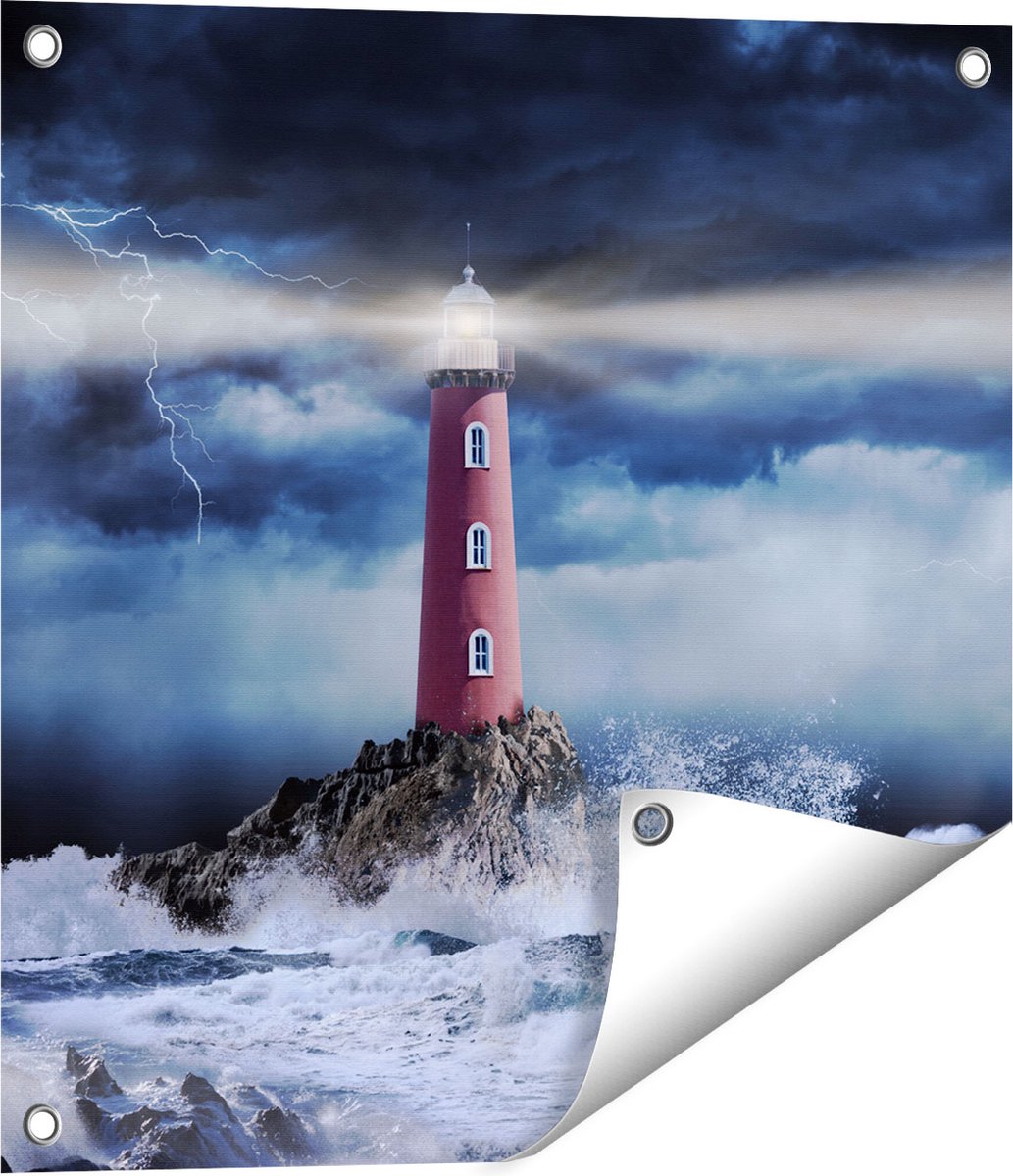 Gards Tuinposter Vuurtoren op een Storm Zee met Golfen Water - 50x50 cm - Tuindoek - Tuindecoratie - Wanddecoratie buiten - Tuinschilderij Multikleur