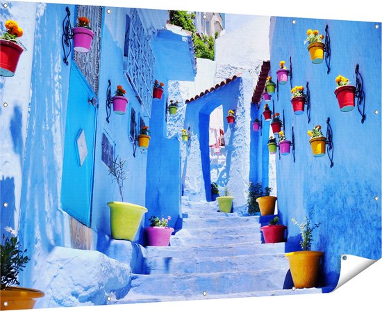Gards Tuinposter Blauwe Huizen met Bloempotten in Chefchaouen, Marokko - 180x120 cm - Tuindoek - Tuindecoratie - Wanddecoratie buiten - Tuinschilderij