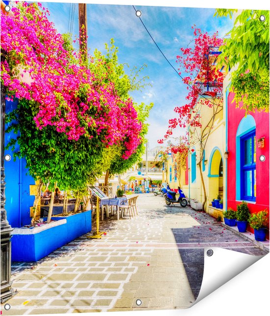 Gards Affiche de jardin Colorful Street sur l'île de Kos, Grèce - 80x80 cm - Toile de jardin - Décoration de jardin - Décoration murale extérieure - Tableau de jardin