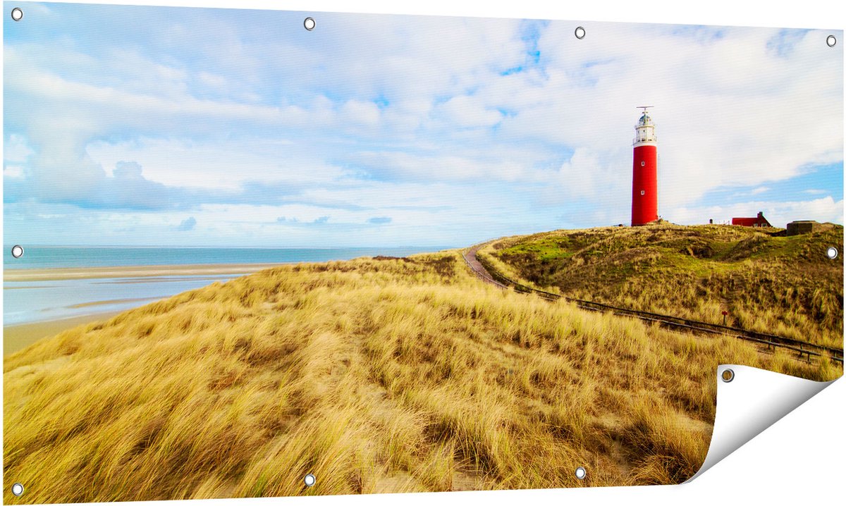 Gards Tuinposter Vuurtoren met Duinen in Texel - 140x70 cm - Tuindoek - Tuindecoratie - Wanddecoratie buiten - Tuinschilderij Multikleur