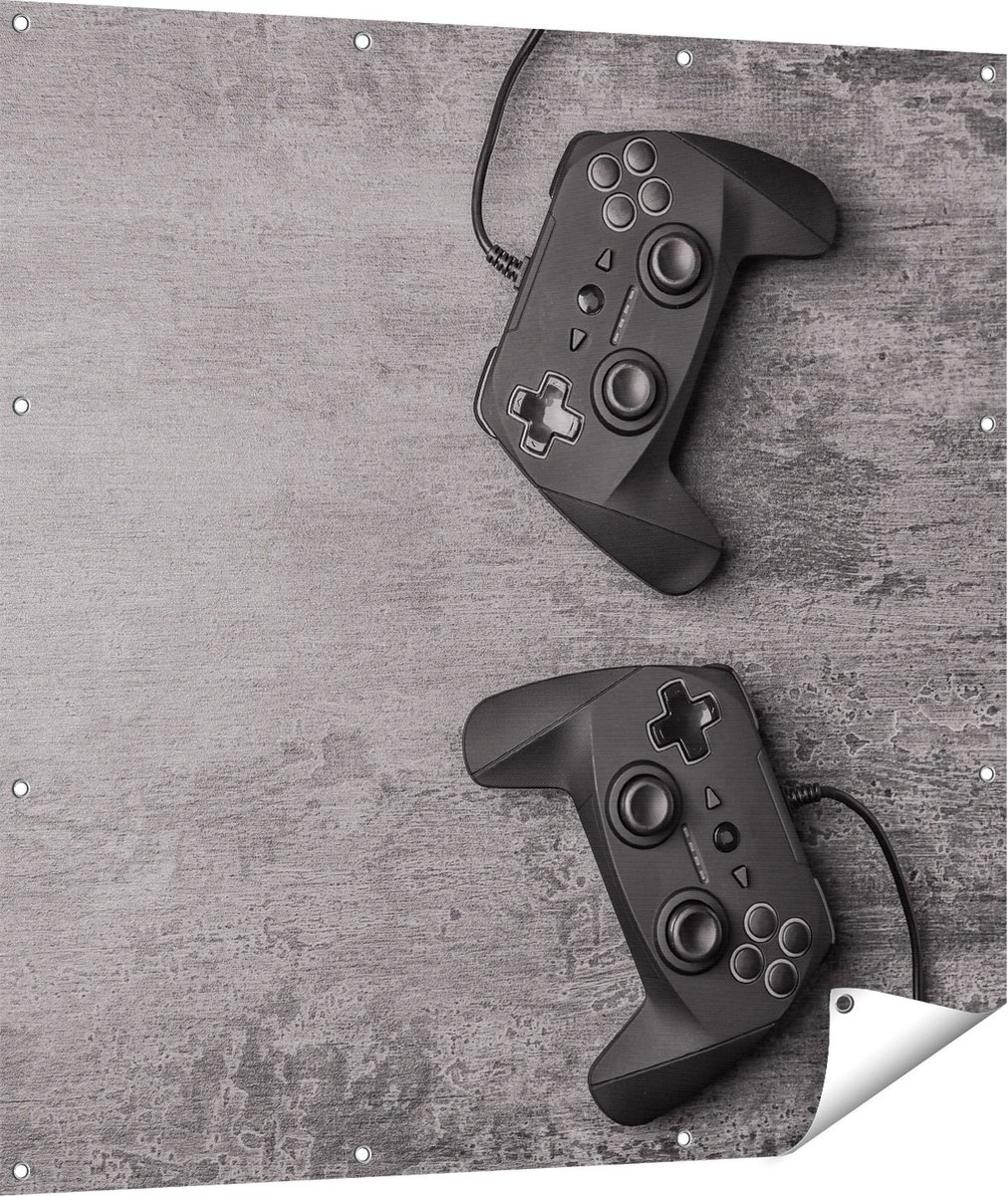 Gards Tuinposter Twee Game Controllers op Tafel - Gaming - 110x110 cm - Tuindoek - Tuindecoratie - Wanddecoratie buiten - Tuinschilderij Multikleur