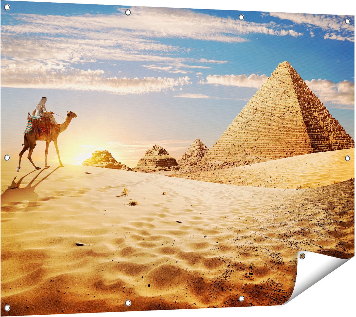 Gards Tuinposter Egyptische Piramides met een Kameel - 120x90 cm - Tuindoek - Tuindecoratie - Wanddecoratie buiten - Tuinschilderij Multikleur