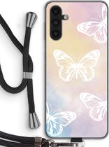Case Company® - Hoesje met koord geschikt voor Samsung Galaxy A04s hoesje met Koord - White butterfly - Telefoonhoesje met Zwart Koord - Bescherming aan alle Kanten en Over de Schermrand