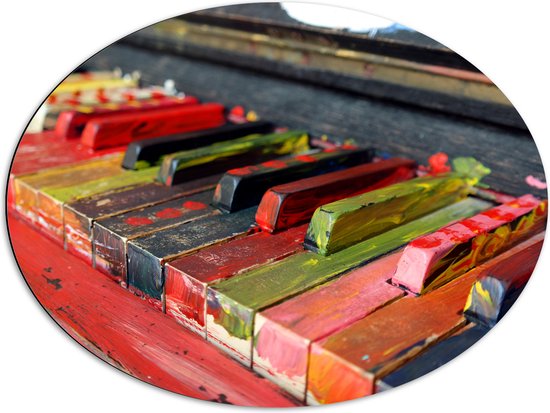 Dibond Ovaal - Pianotoetsen onder de Gekleurde Verf - 80x60 cm Foto op Ovaal (Met Ophangsysteem)