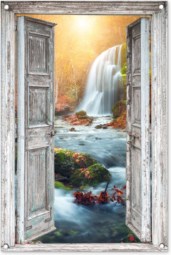 Tuinposter doorkijk deuren - Waterval - Landschap - Natuur - Herfst - Tuindoek - Tuinschilderij voor buiten - Tuin - 60x90 cm - Schuttingdoek - Tuindecoratie - Schutting decoratie