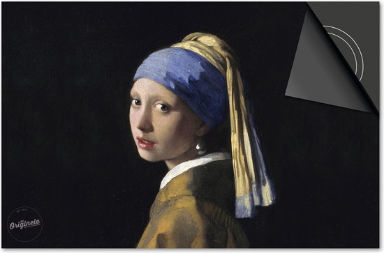 Schilderij van "Meisje met de Parel" van Johannes Vermeer met blauwe hoofddoek en parel.