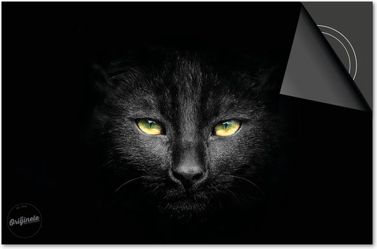 Affiche d'un chat noir aux yeux jaunes saisissants.