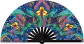 Éventail de festival XL - Éventail à main - Éventail espagnol - Champignons et papillons - Avec effet de lumière noire - Y compris porte-clés et sac de rangement - Plastique - Polyester - multicolore
