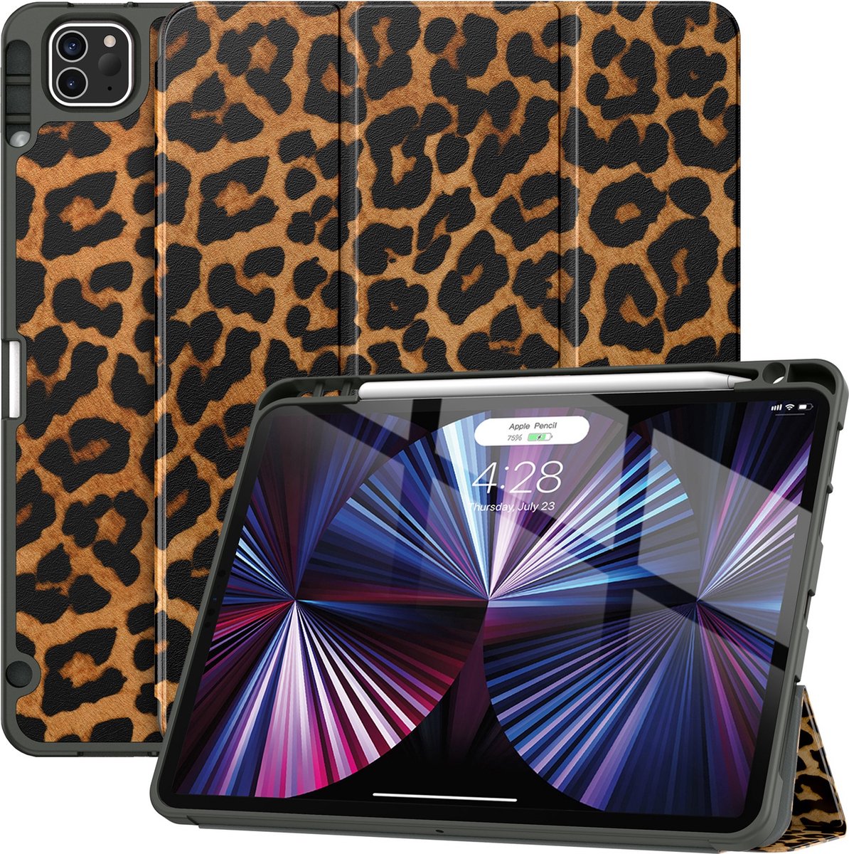 Solidenz Hoes - Geschikt voor iPad Air 11 inch (M4 / M3 / M2) en iPad Air 10.9 inch (Air 5 / Air 4) - Case Met Autowake - Hoesje Met Pencil Houder - Luipaard