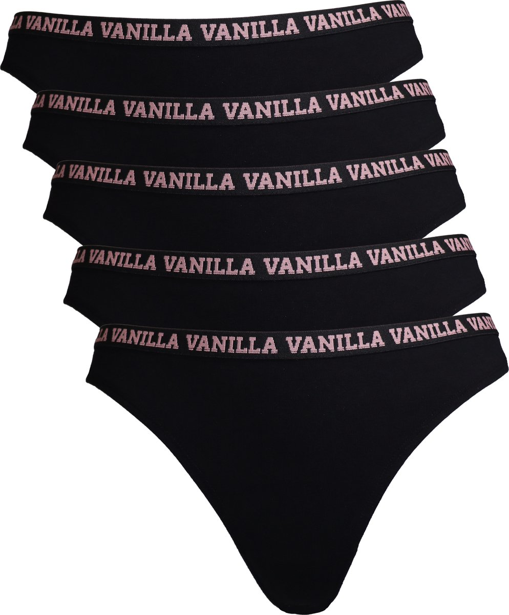 Vanilla - Dames string, Ondergoed dames, Lingerie - 5 stuks - Egyptisch katoen - Zwart - XL