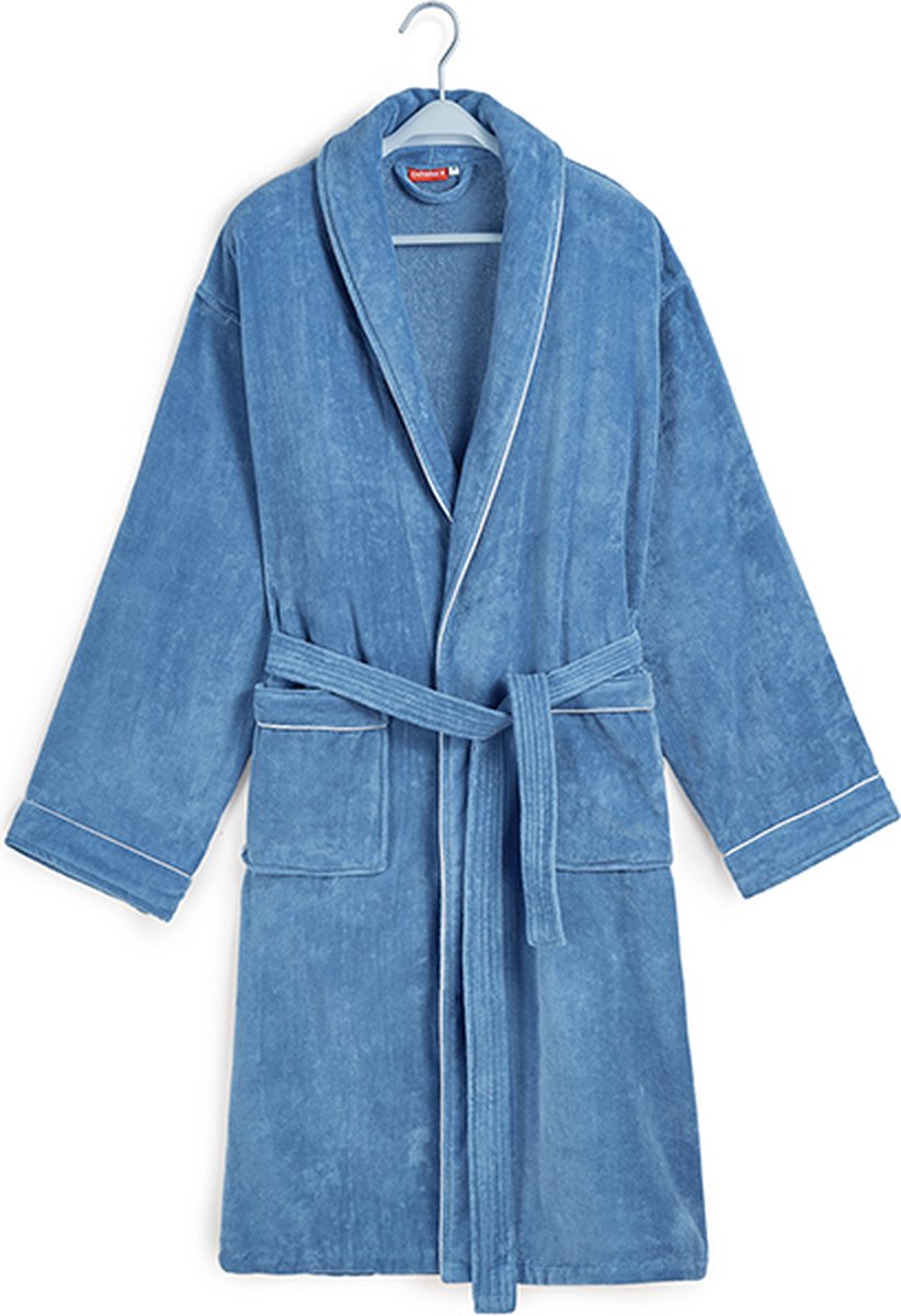 Badjas katoen - ochtendjas voor hem & haar - dames & heren - velours katoenen badjas - betaalbare luxe - denimblauw - maat L