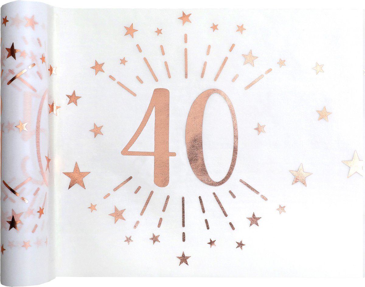 Feest/verjaardag/leeftijd tafelkleed met tafelloper op rol - 40 jaar tekst - wit/rose goud