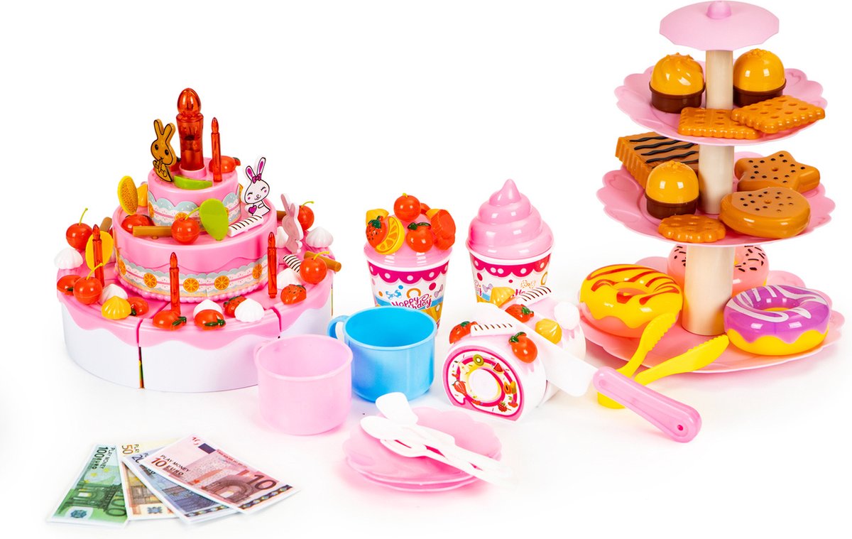 Speelgoed taart en cup cake set snijbaar 125delig Roze