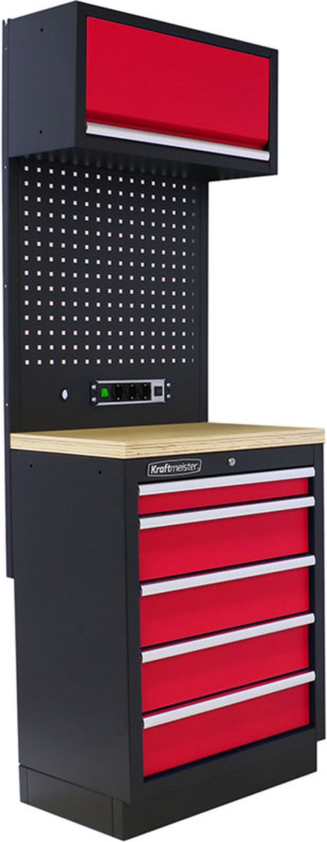 Kraftmeister werkplaatsinrichting - Werkbank met 1 wandkast en multiplex werkblad - Werktafel met 5 laden en gereedschapswand - Complete set voor werkplaats of garage - Rood