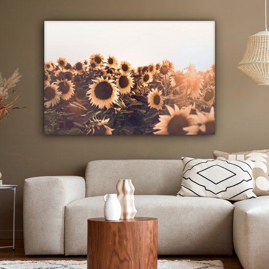 Tableau Toile Tournesols - Champ - Coucher de Soleil - Fleurs - Jaune - 120x80 cm - Décoration murale