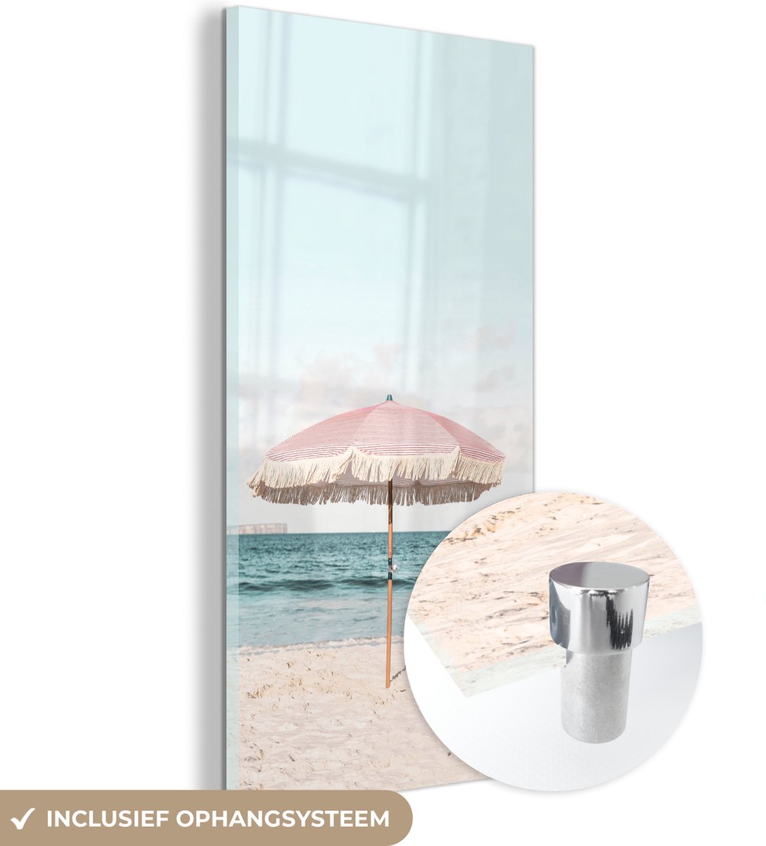 MuchoWow® Glasschilderij 60x120 cm - Schilderij acrylglas - Parasol - Strand - Zee - Wolken - Foto op glas - Schilderijen