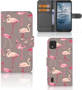 Hoesje met naam Nokia C2 2nd Edition Wallet Book Case Flamingo