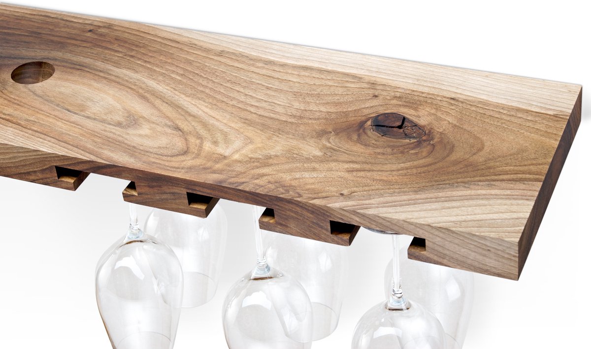 Tu Las™ Massief houten wijnflessen houder inclusief wijnglazen en champagneglazen houder - 94 x 22 x 4 cm - Zwevende wijnflessen houder - Muur bevestiging - Walnoot hout — cadeau in Wonen & Interieur - foto 2