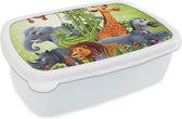 Broodtrommel Wit - Lunchbox - Brooddoos - Jungle dieren - Planten - Kinderen - Olifant - Giraf - Leeuw - 18x12x6 cm - Volwassenen
