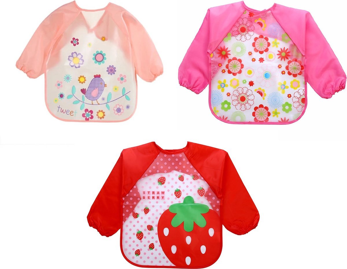 Goedkoopste MY - 3 Stuks - Baby Slabbetjes met Mouwen - Aardbei Vogel Bloemetjes - Waterproof