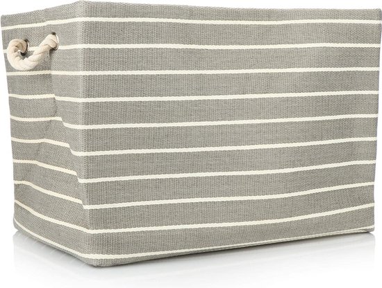 Panier de rangement rayé pour couvertures, oreillers, linge et speelgoed, grande boîte de rangement sans couvercle, avec poignées latérales robustes (1 pièce, gris/blanc)