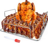 Beercan Chicken Roaster en Rib Rack met Silicone Oil Brush Square RVS Grillstandaard voor Smoker, Oven en Grill Bereid tot 4 ribben en een hele kip tegelijk.