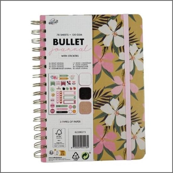 Bullet Journal - Fleur Ocre | 78pages | 2 feuilles d'autocollants | élastique | Hardcover A5