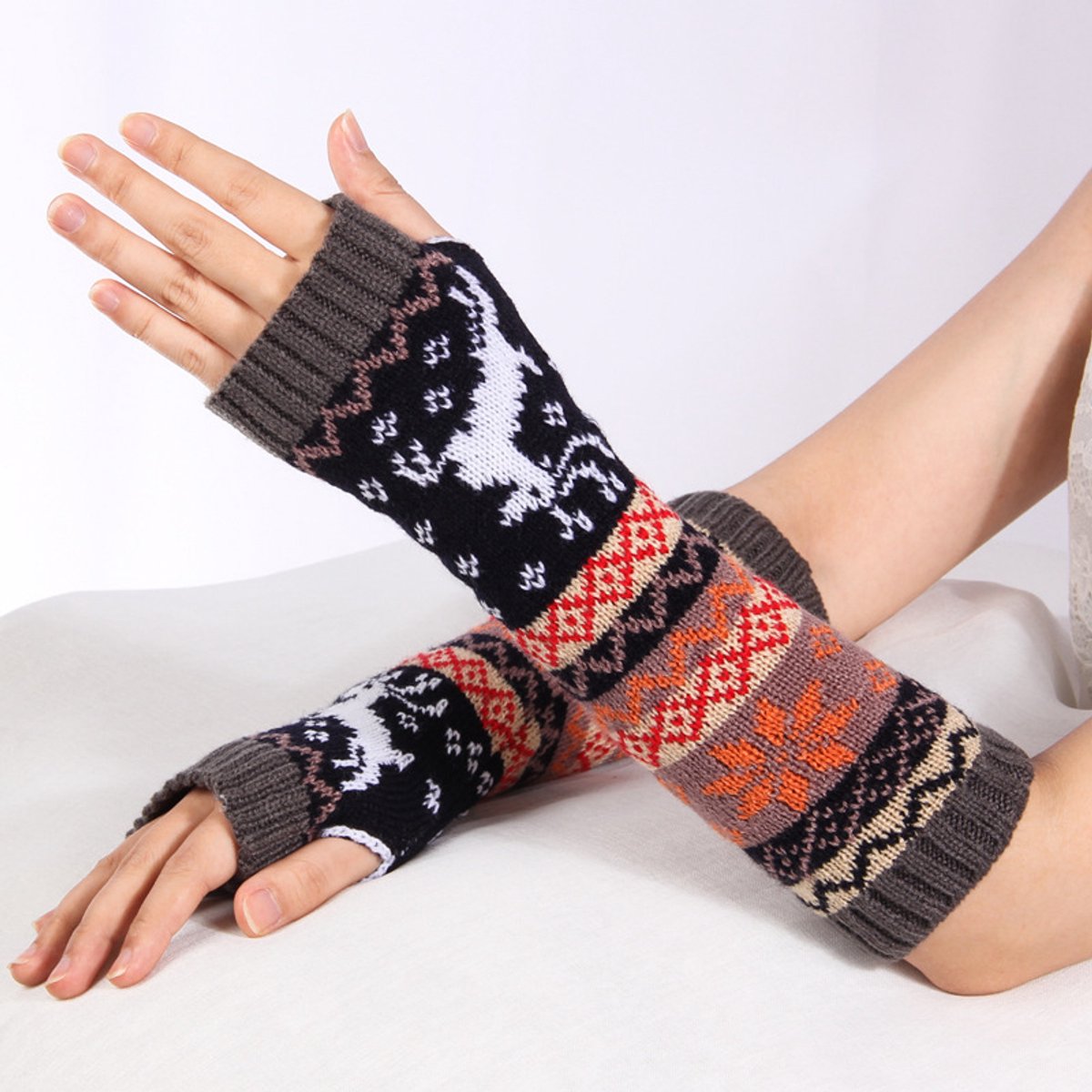 Winterhandschoen - Scandinavische winter armwarmers - Vingerloze handschoenen – Polswarmers met rendieren - Handwarmers armwarmers - One size -LOUZIR