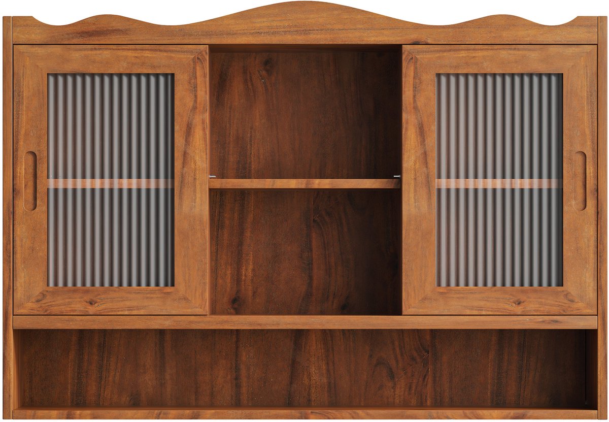 Merax Retro Wandkast met 2 Schuifdeuren – Houten Muurkast met 3 Opberglagen – Hangkast voor Keuken - Badkamer & Eetkamer – 90×20×60 cm – Bruin